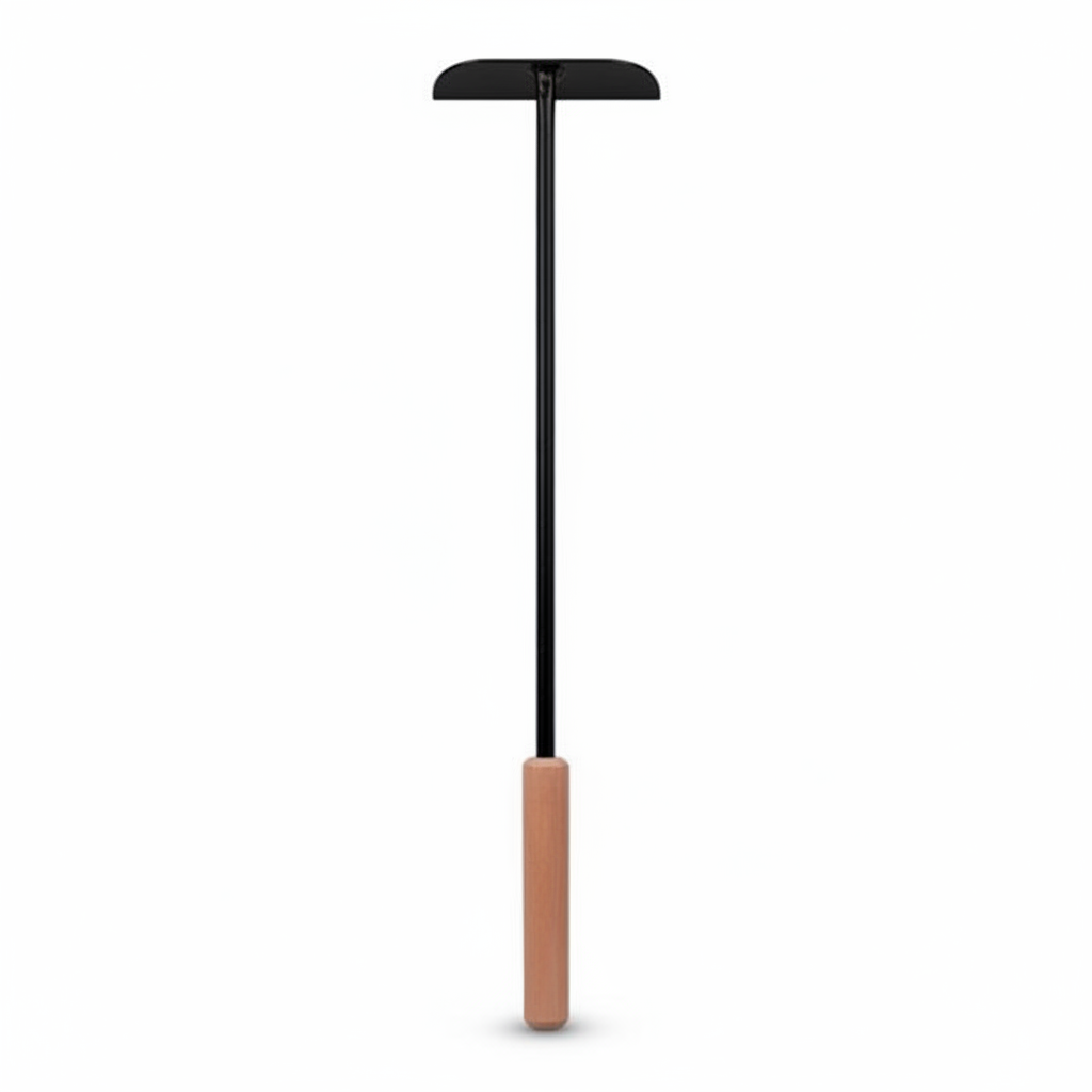 Pizza raking  tool with black head and brown handle on a white background