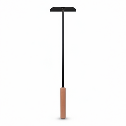 Pizza raking  tool with black head and brown handle on a white background
