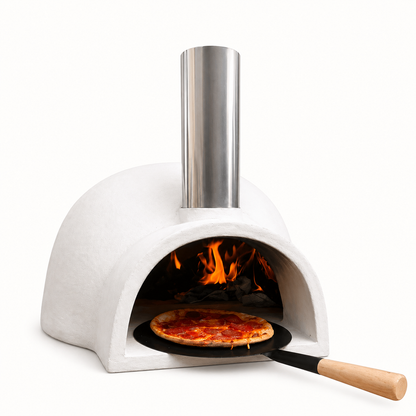 Pizzaro Chimalin AFC pizza oven in natural clay with a pizza inside on a white background