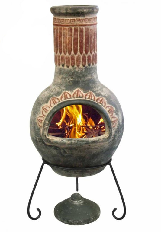 Decorative outdoor fireplace with flames, made in Mexico, on a white background