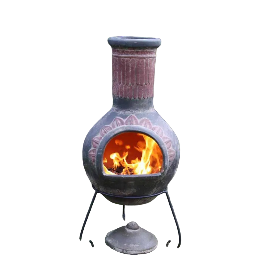 Ceramic chiminea with flames inside on a white background