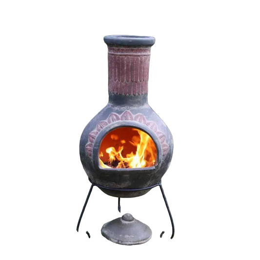 Ceramic chiminea with flames inside on a white background