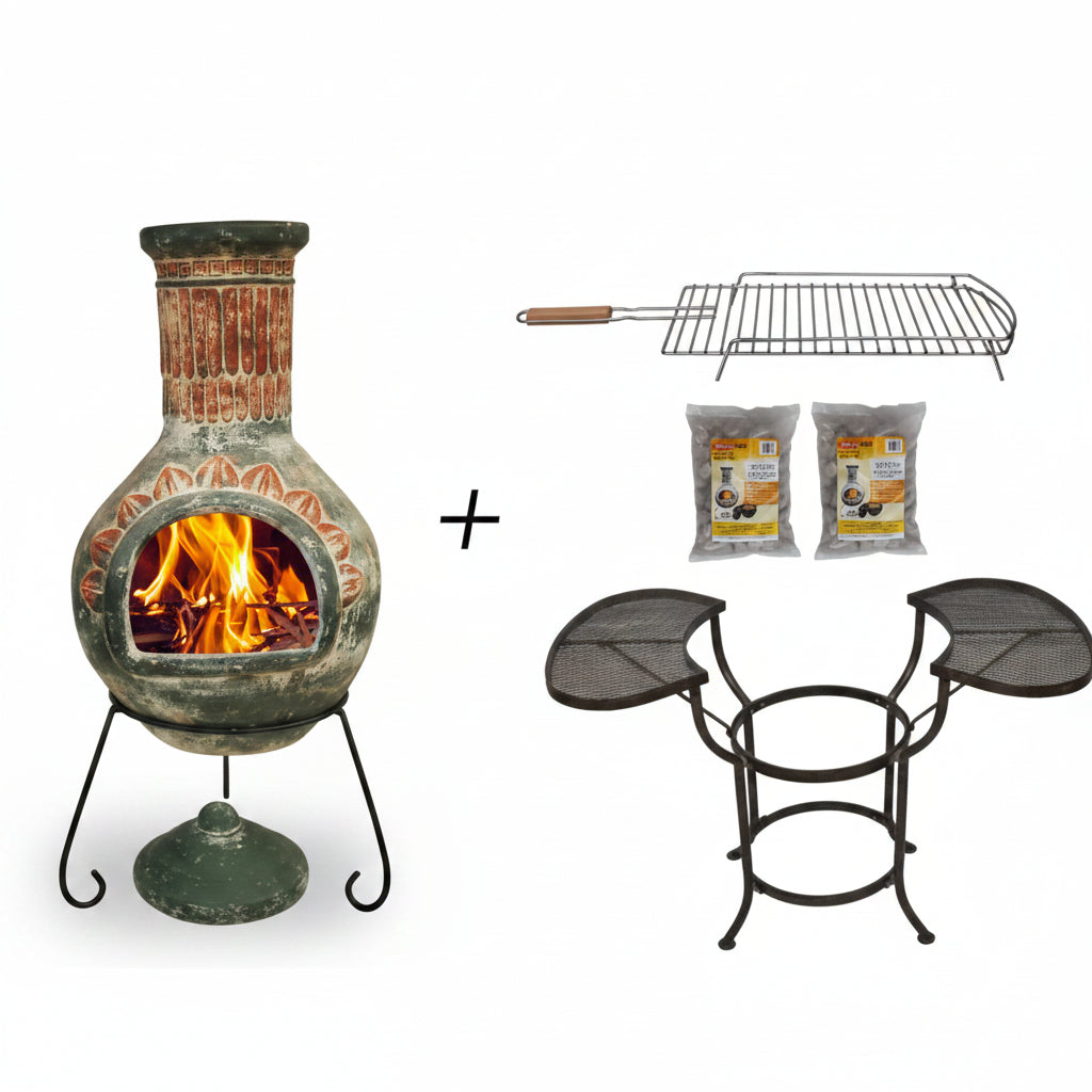 Plumas XL chiminea with fire, grill, 2 x lava stones and table set on a white background