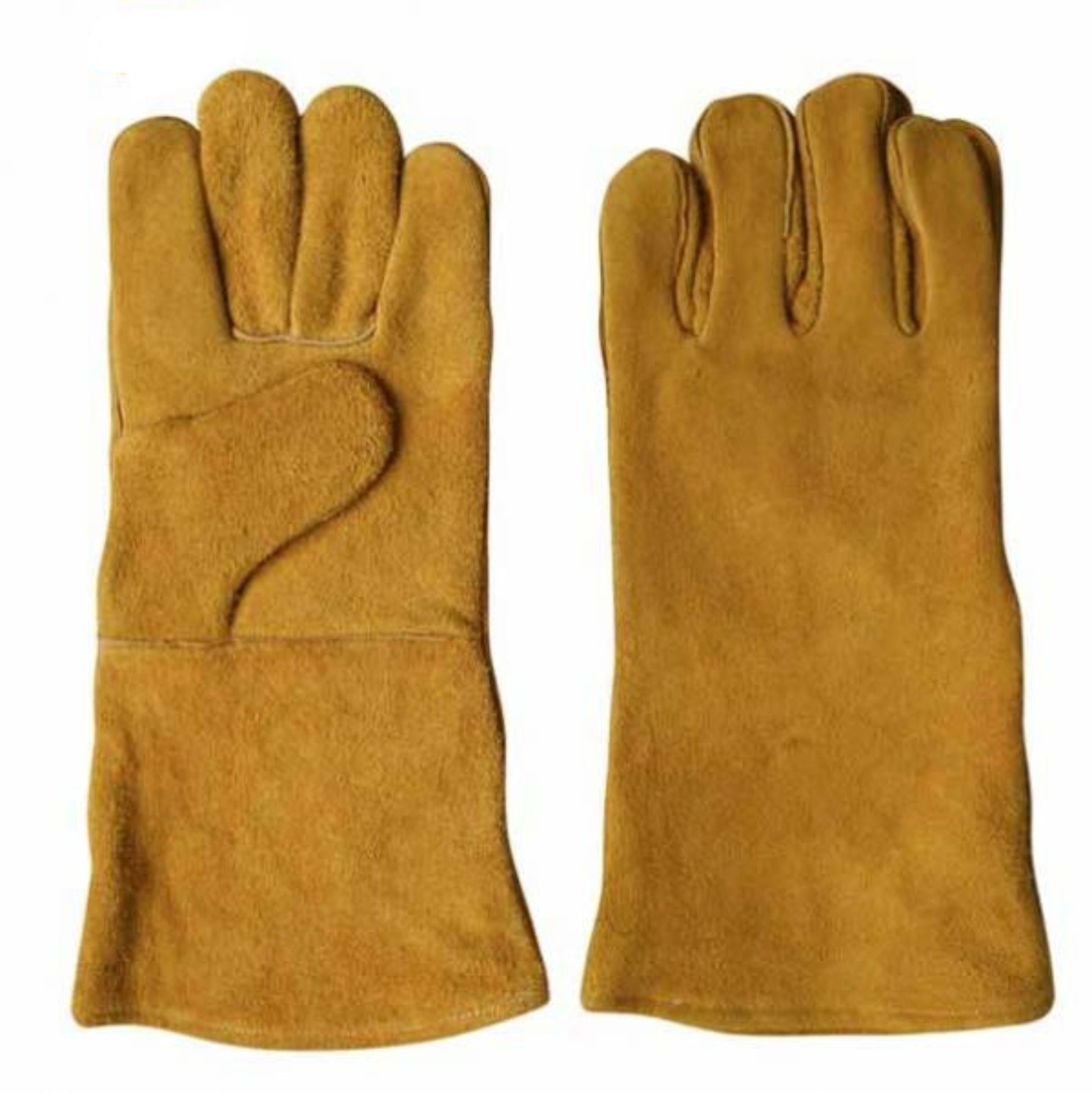 Pair of tan leather gloves on a white background 