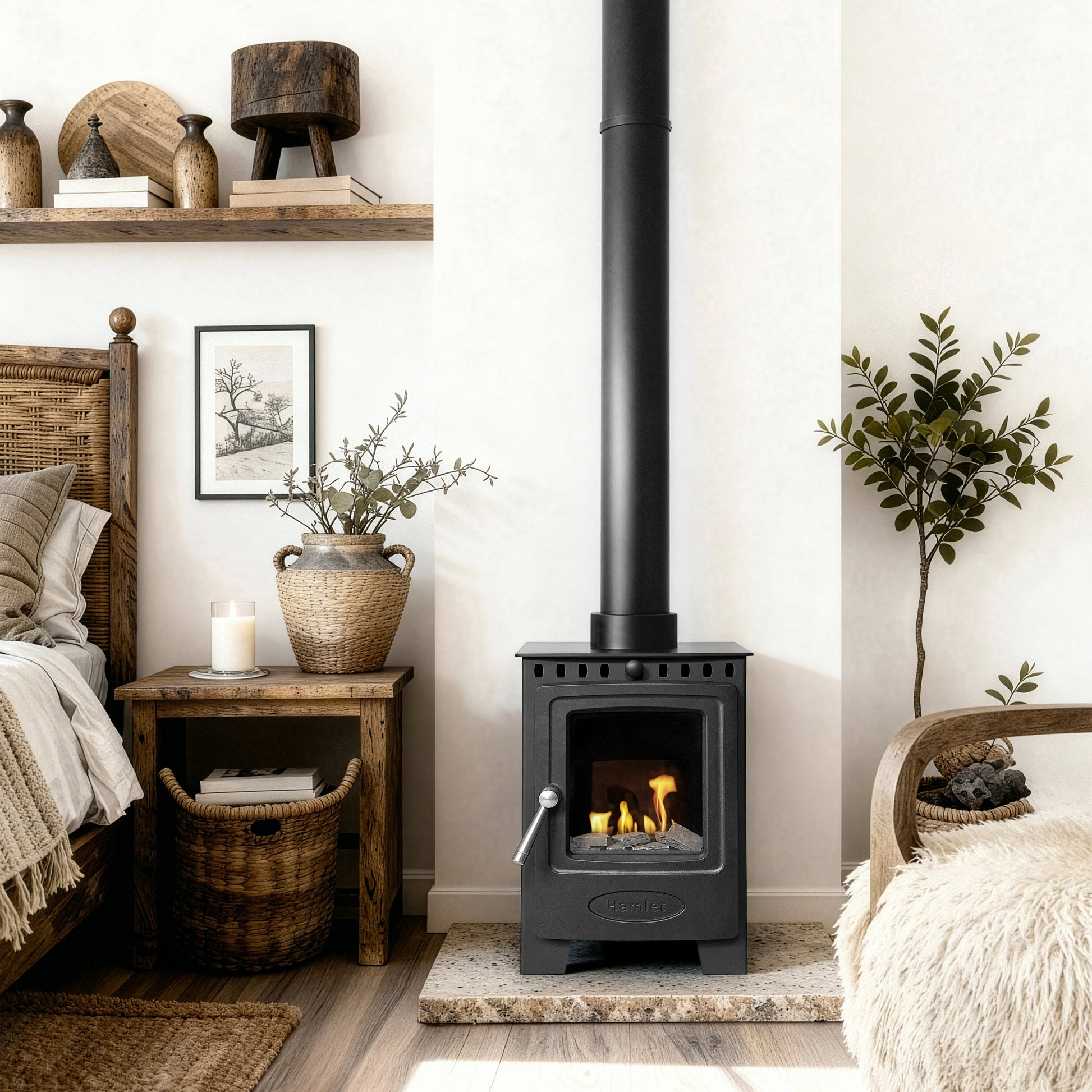 A black wood-burning stove with a tall flue pipe stands on a rug in a styled bedroom or living space with a bed, side table, plants, and textured seating.