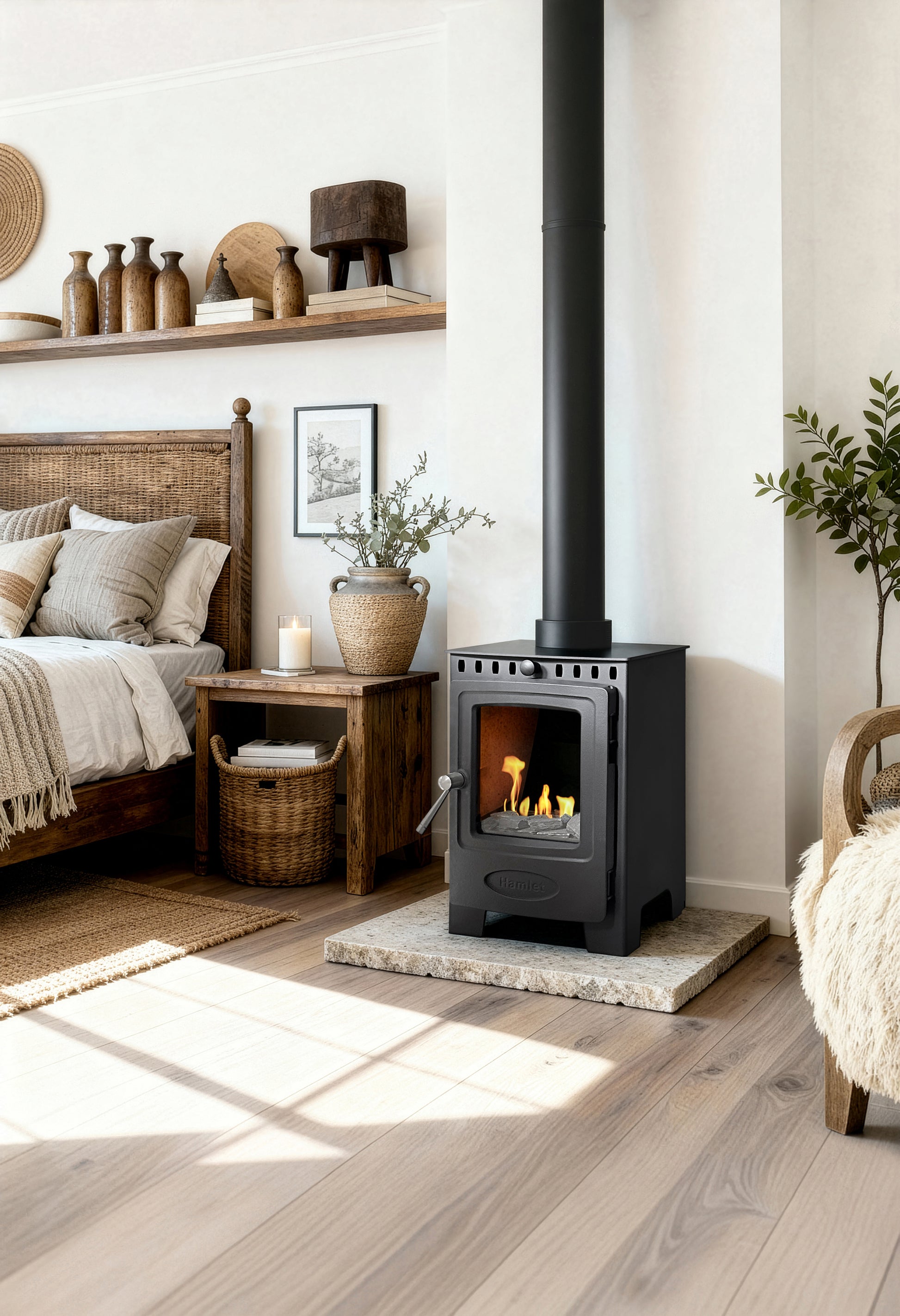 A black wood-burning stove with a visible fire, set in a bright, modern bedroom with light wood floors, a bed, and a stone hearth.