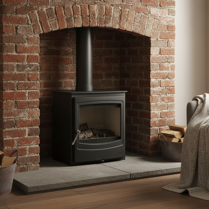 A black wood-burning stove with a glass door sits inside a brick fireplace with a stone hearth and wood baskets nearby.