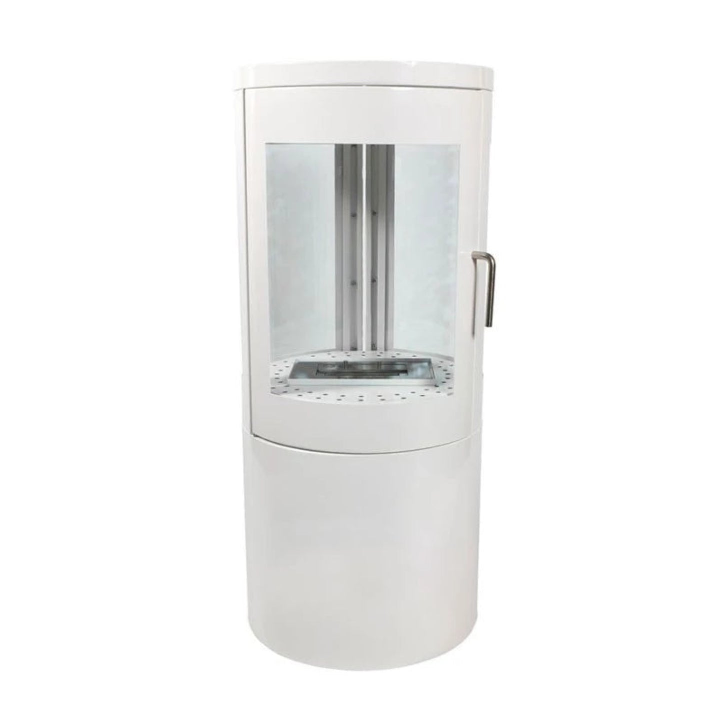 White cylindrical ScandiFlames Bio Wood Stove in White with 360° Flame view with glass front on a white background