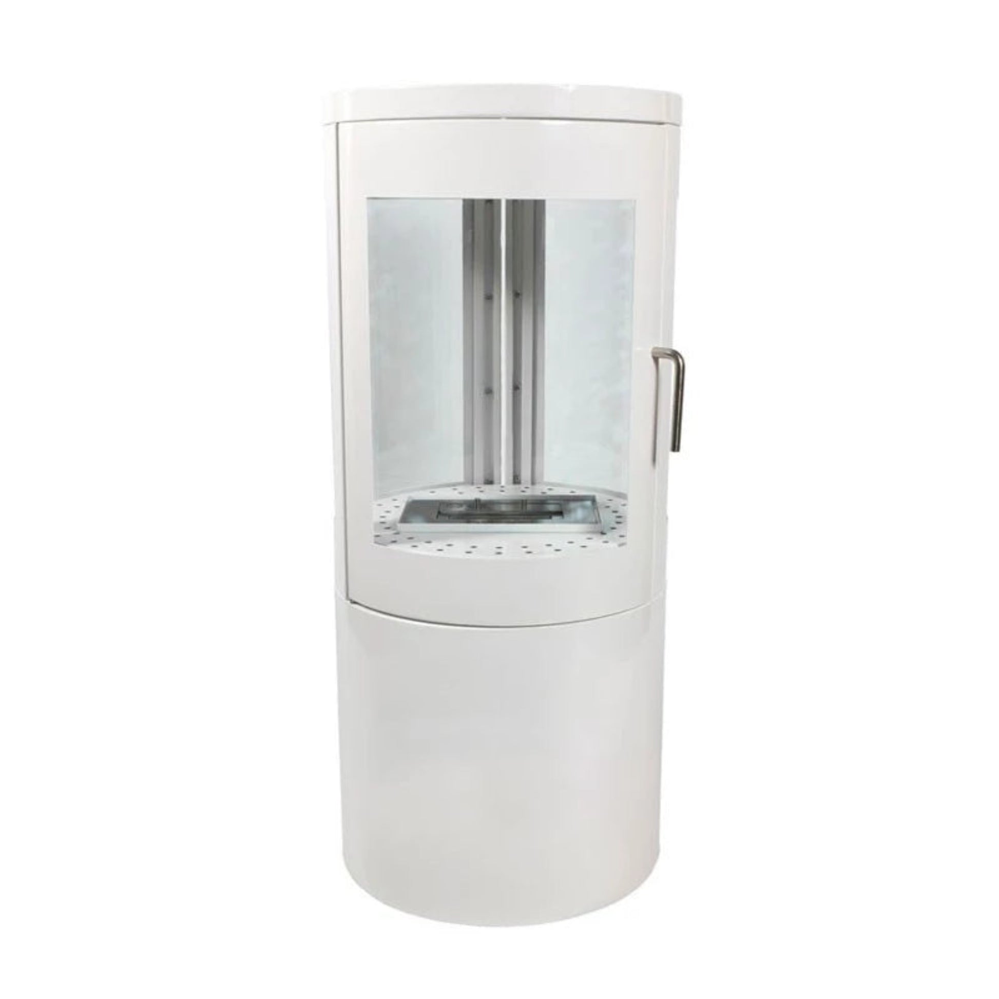 White cylindrical ScandiFlames Bio Wood Stove in White with 360° Flame view with glass front on a white background