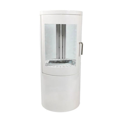 White cylindrical ScandiFlames Bio Wood Stove in White with 360° Flame view with glass front on a white background