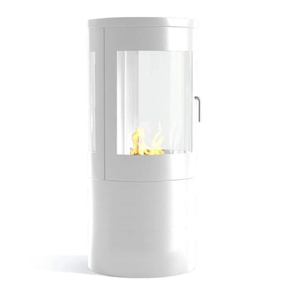 White freestanding ethanol fireplace with visible flames on a white background