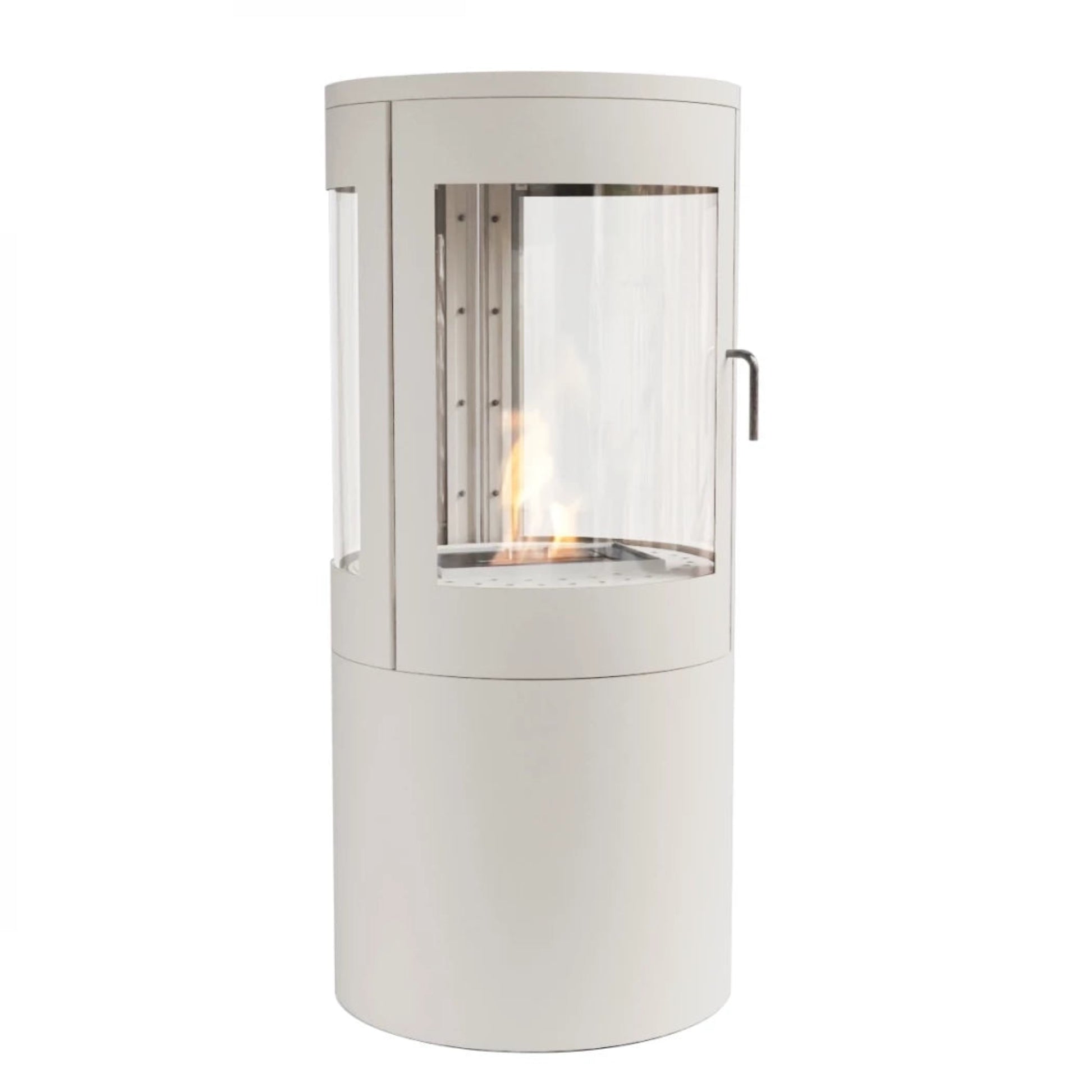 White cylindrical outdoor fireplace with glass front on a white background