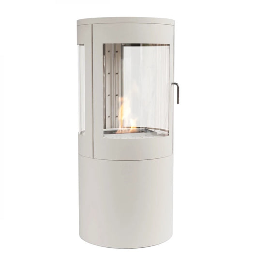 White cylindrical outdoor fireplace with glass front on a white background