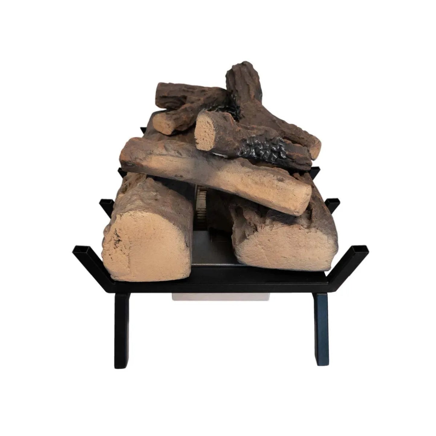 Wooden logs on a metal stand against a white background