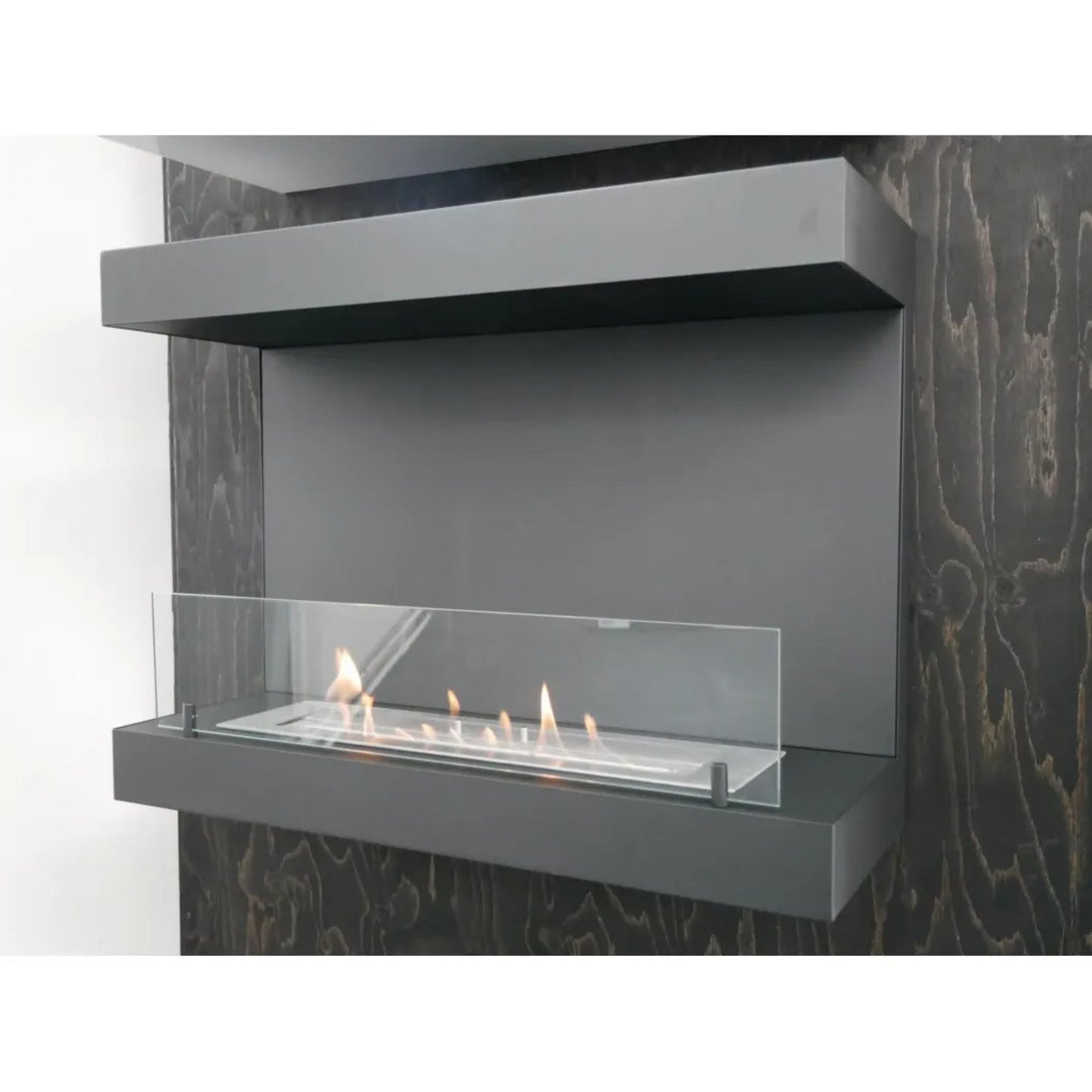 ScandiFlames Dakota Black 3-Sided 80 cm Wall Bioethanol Fireplace on a marbled wall.