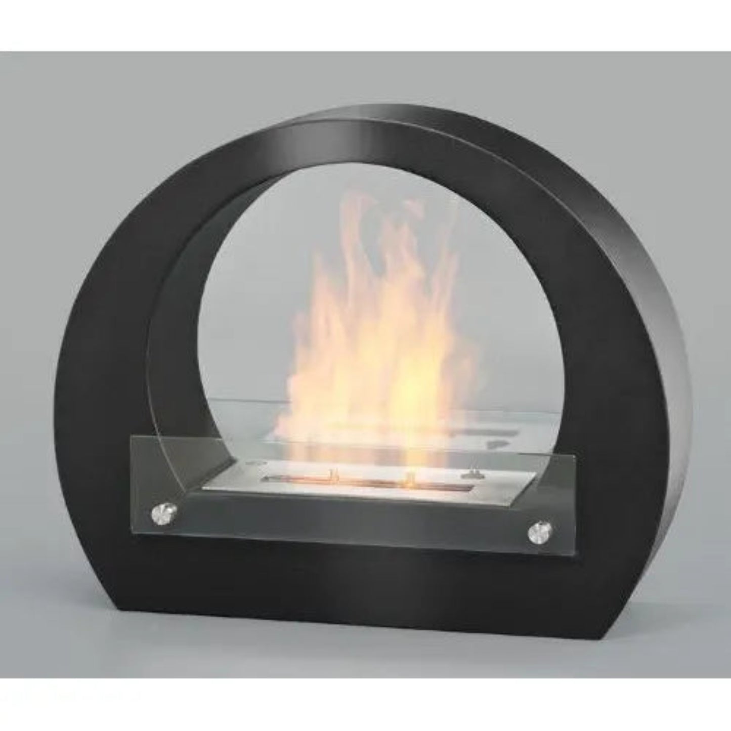 Modern black ethanol fireplace with flames on a gray background