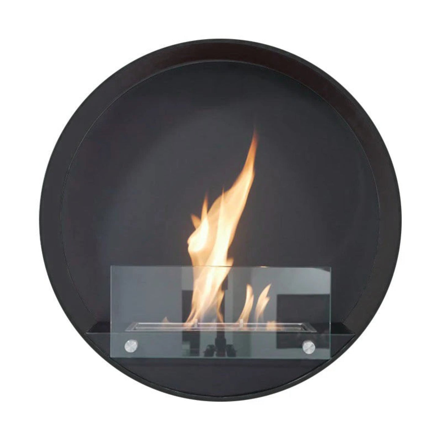 Round black bio ethanol fireplace with flames on a white background