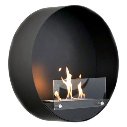Modern black wall-mounted ethanol fireplace with visible flames.