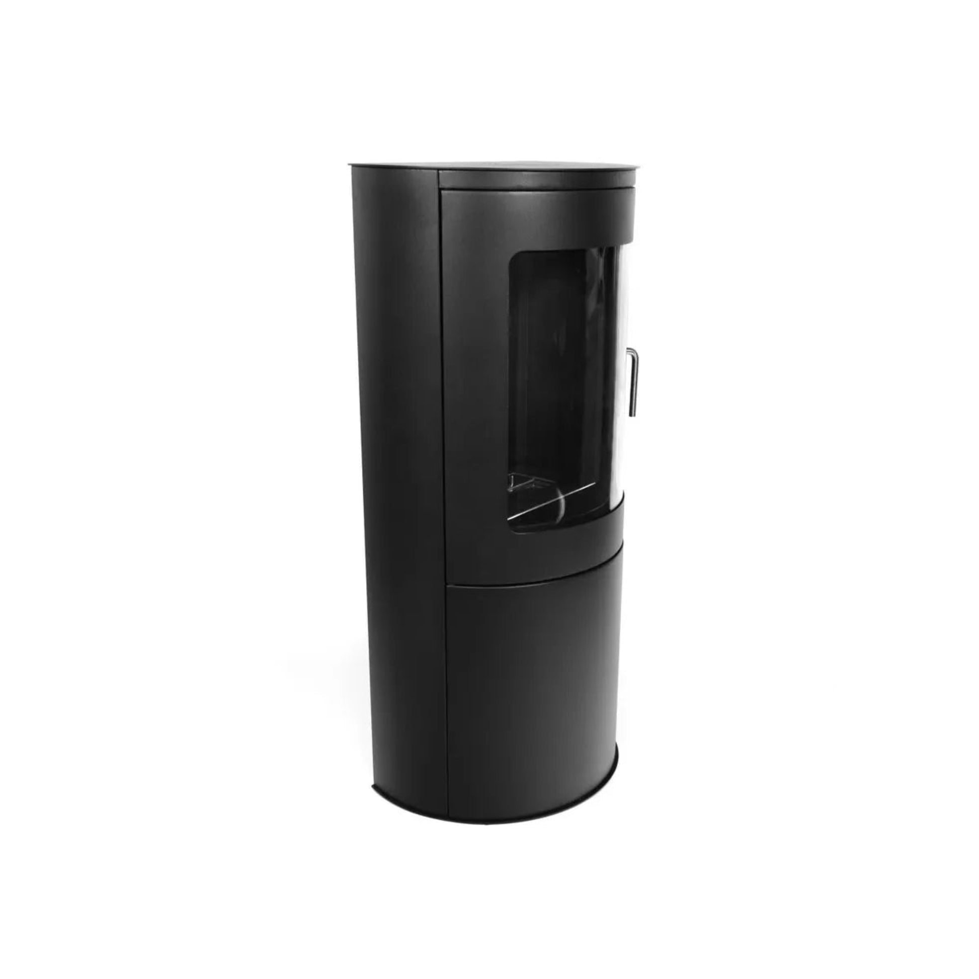 Black cylindrical bioethenol stove on a white background
