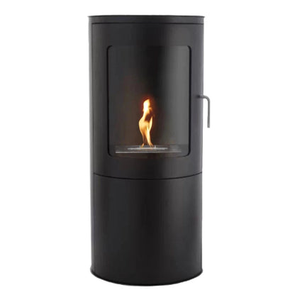 Black cylindrical fireplace with visible flame on a white background