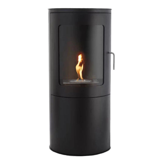 Black cylindrical fireplace with visible flame on a white background