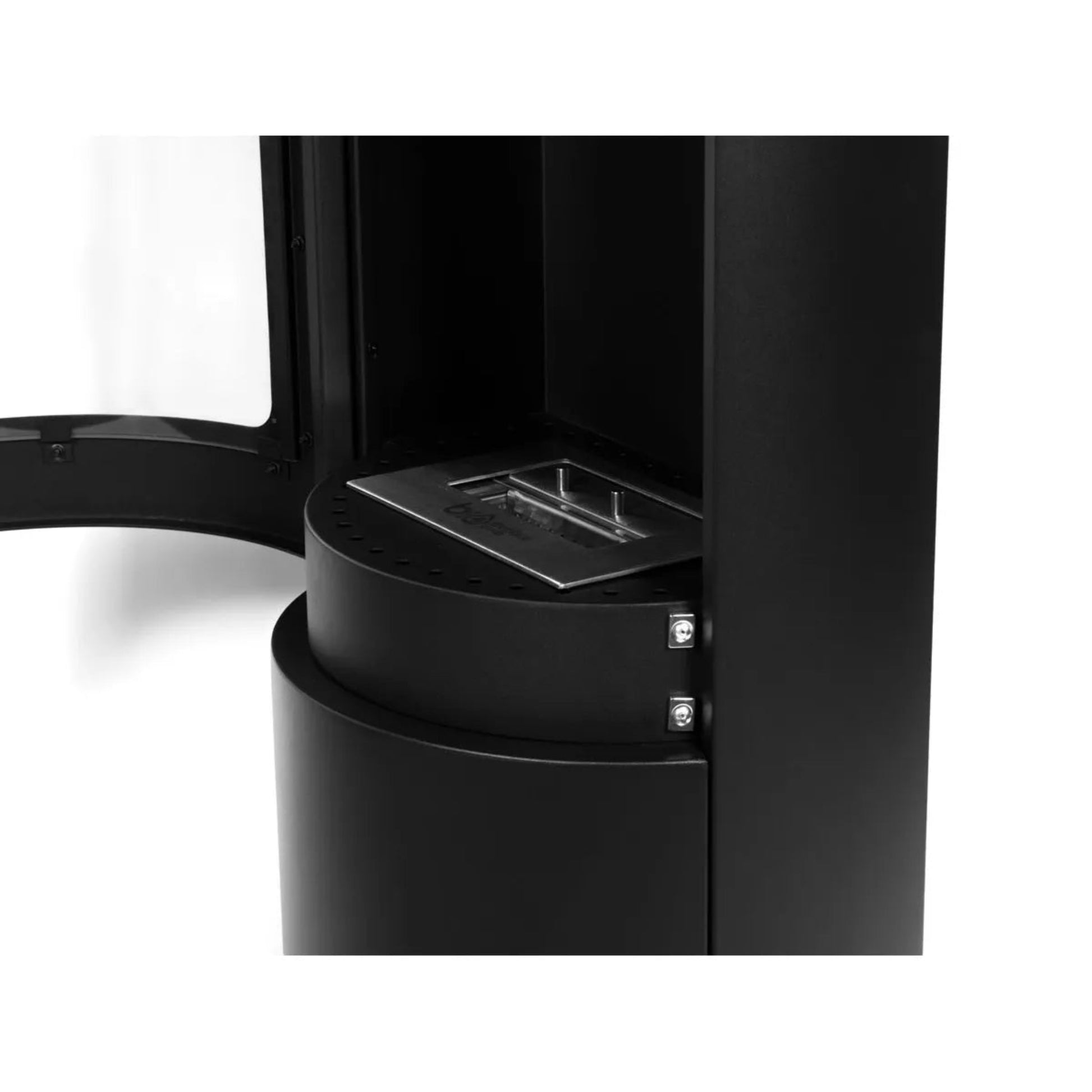 Close-up of  black metal Richmond bioethanol fire with a circular component on a white background