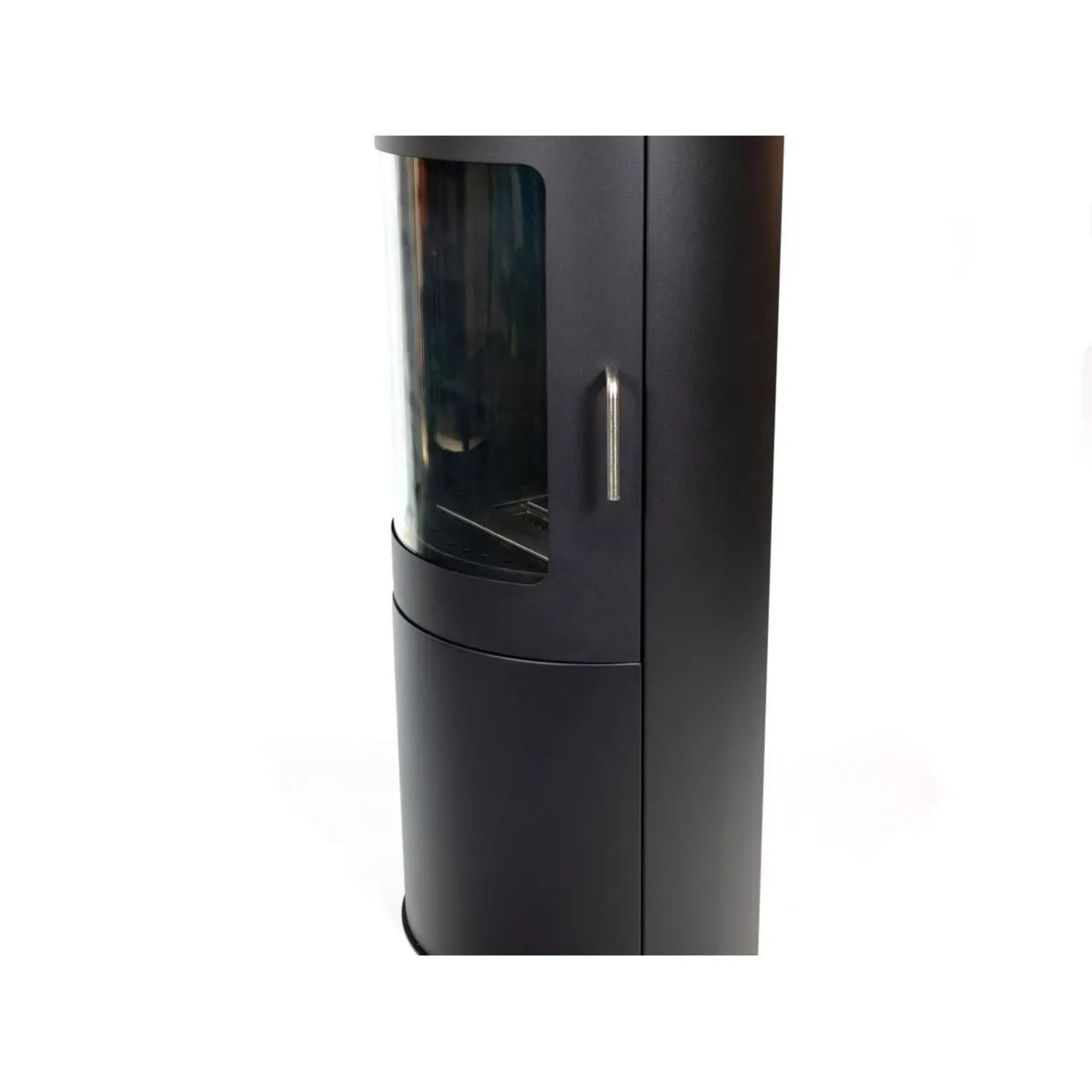 Black vertical bioethenol stove with a glass door on a white background