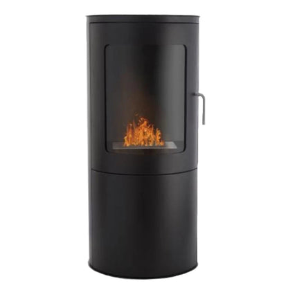 Black cylindrical fireplace with visible flames on a white background