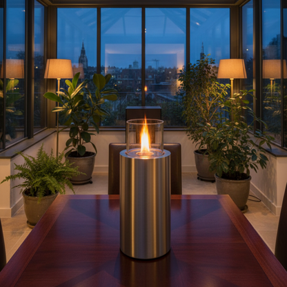 Scandiflames Dualis Brushed Steel cover on a table in a conservatory in the evening.