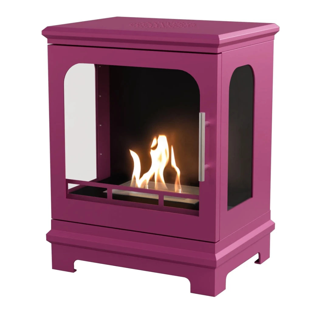 Pink freestanding fireplace with visible flames on a white background