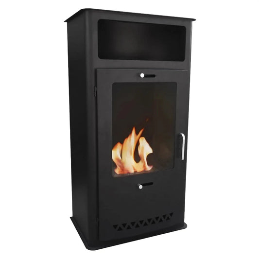 Black freestanding fireplace with visible flames on a white background
