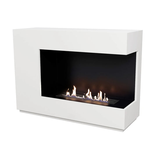 Modern white fireplace with visible flames on a white background