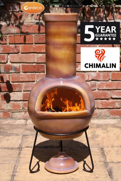 Ceramic chiminea with flames on a brick wall background, featuring Gardeco and Chimalin branding.