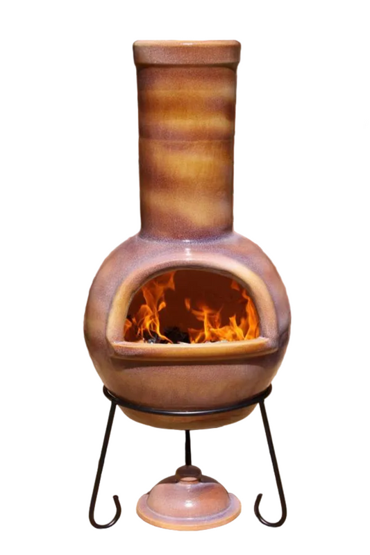 Ceramic chiminea with flames on a white background