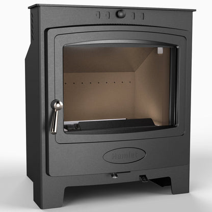 A black steel wood-burning stove with a glass door and a silver lever handle, shown on a light gray background.