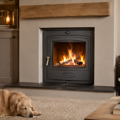 A black wood-burning fireplace with a glowing fire inside, set in a cream-colored wall with a rustic wood mantel. A golden retriever dog is lying on a beige carpet in the foreground, and a wicker basket of logs is visible on the right.