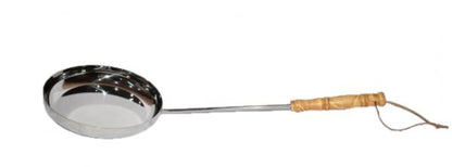 Metal frying pan with wooden handle on a white background