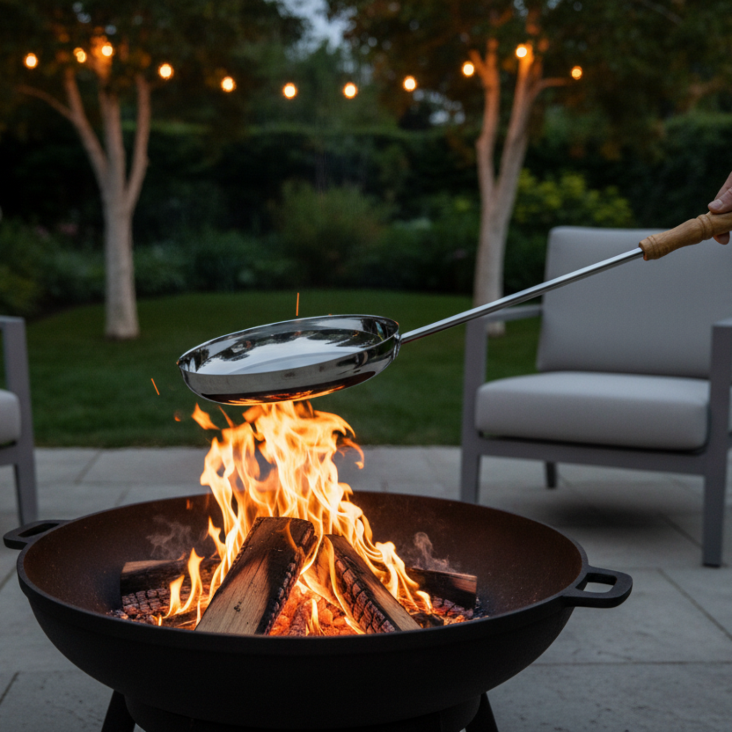Stainless_Steel_Frying_Pan_Long_Handled_Outdoor_Fire_Pan over a fire bowl
