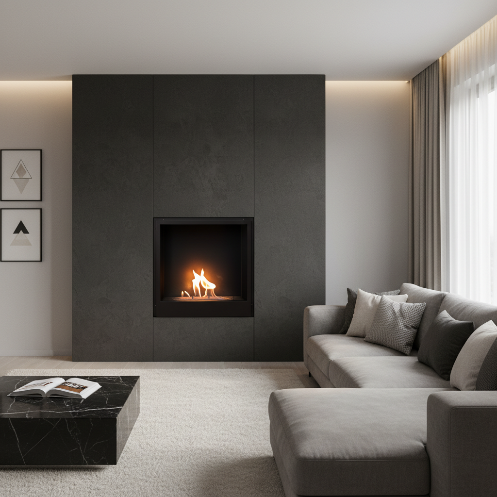 Modern living room with a fireplace and gray sofa.