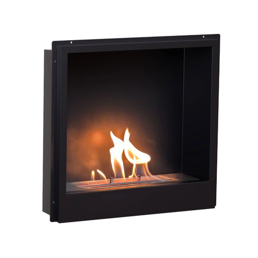 Modern black fireplace insert with flames on a white background