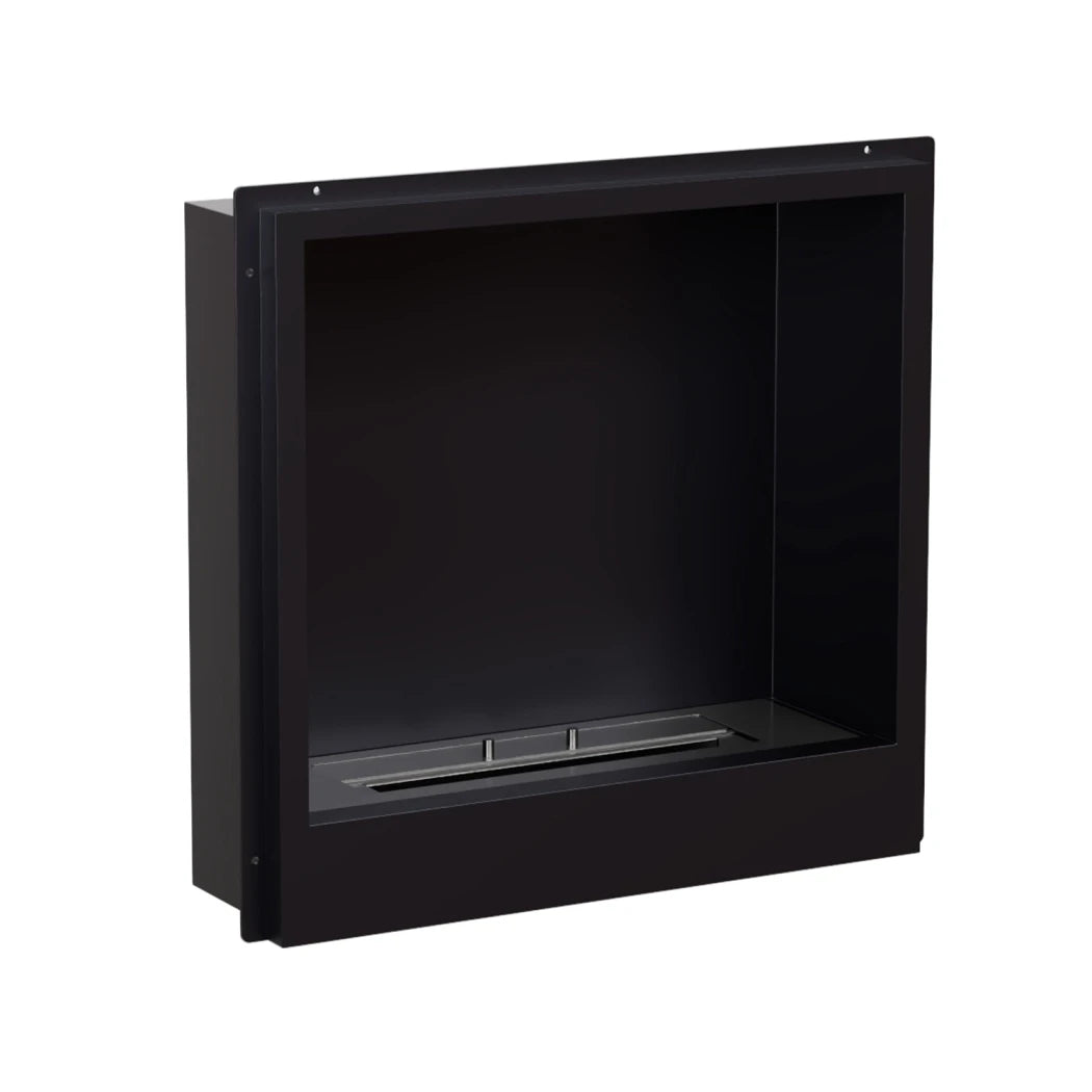 Black wall-mounted fireplace insert on a white background