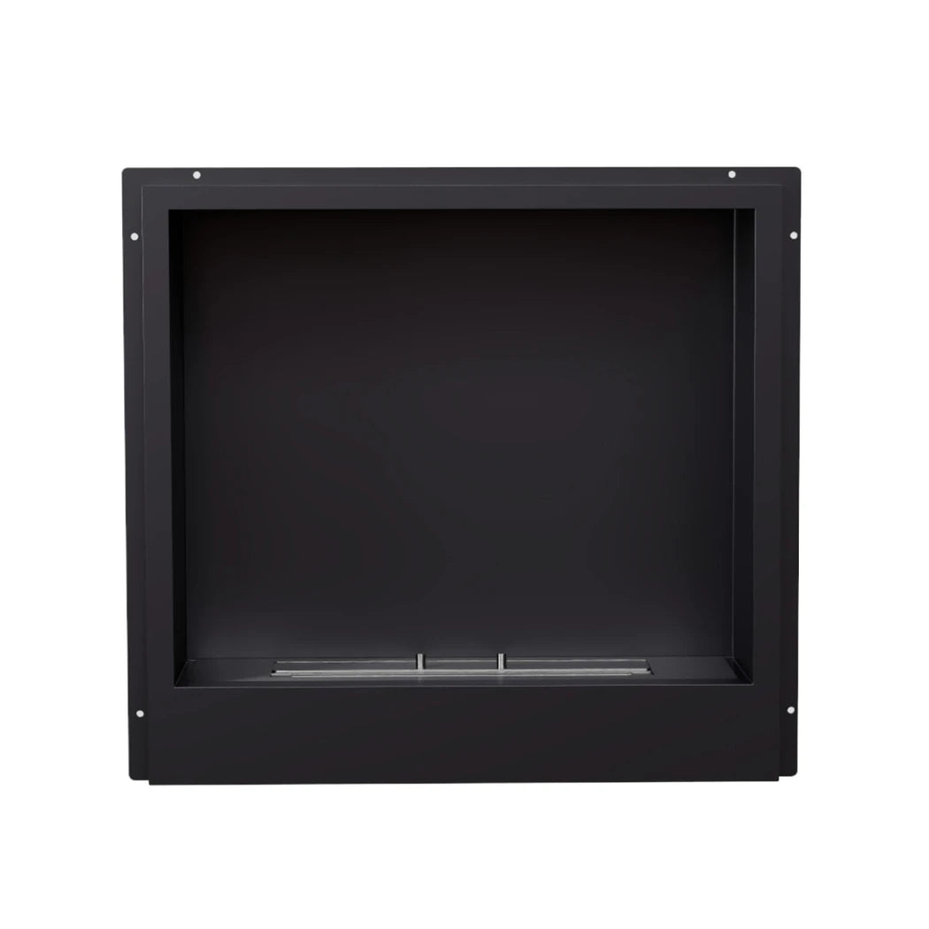 Black rectangular outdoor fireplace insert on a white background