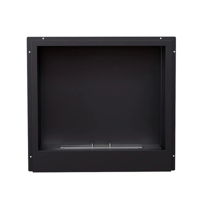 Black rectangular outdoor fireplace insert on a white background