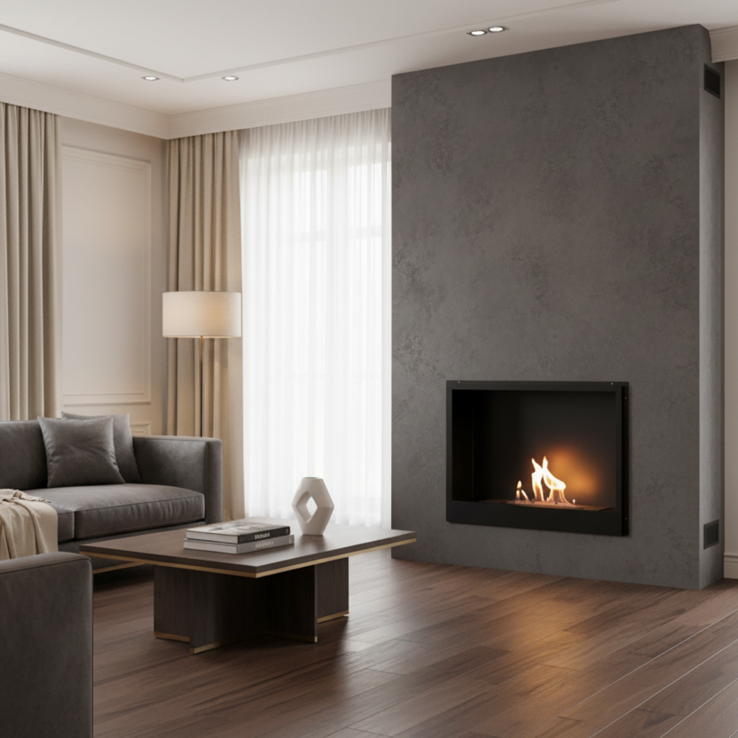 Modern living room with gray sofa, coffee table, and fireplace.