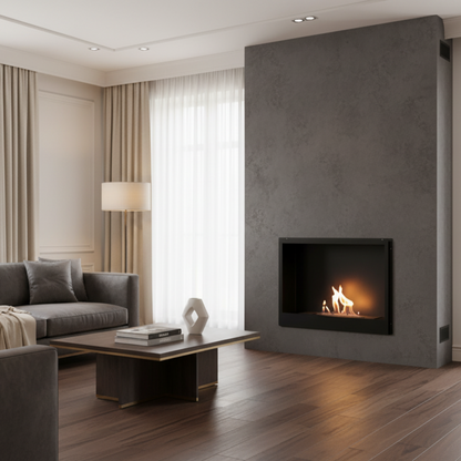 Modern living room with gray sofa, coffee table, and fireplace.