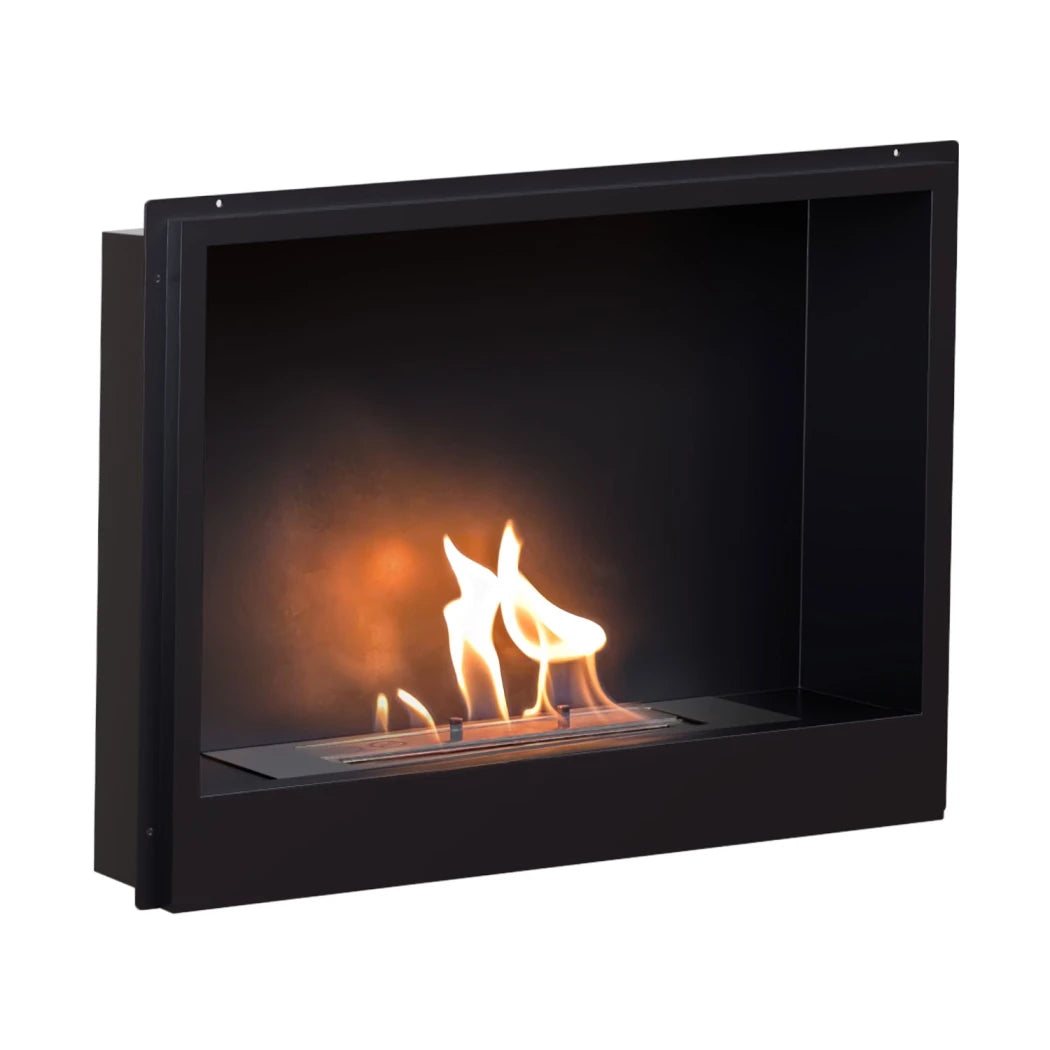 Modern black fireplace with flames on a white background