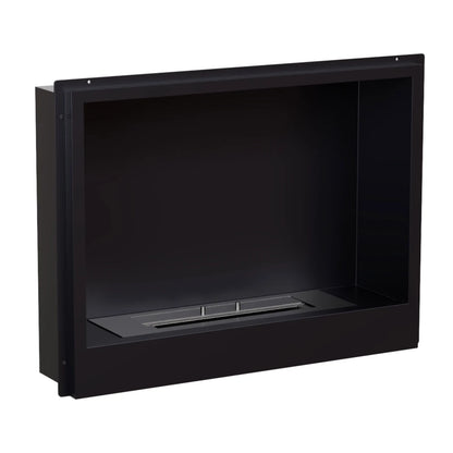 Black rectangular fireplace insert on a white background