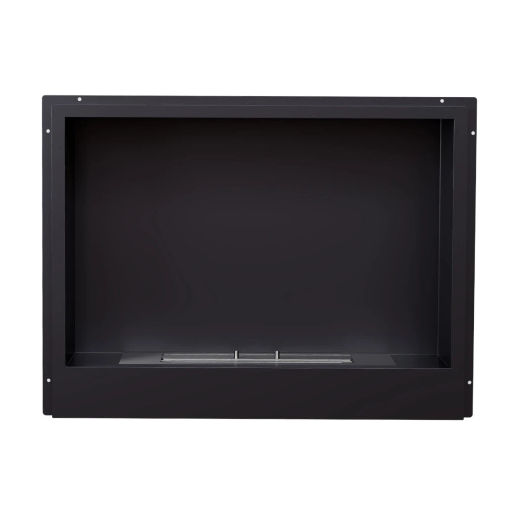 Black rectangular fireplace insert on a white background