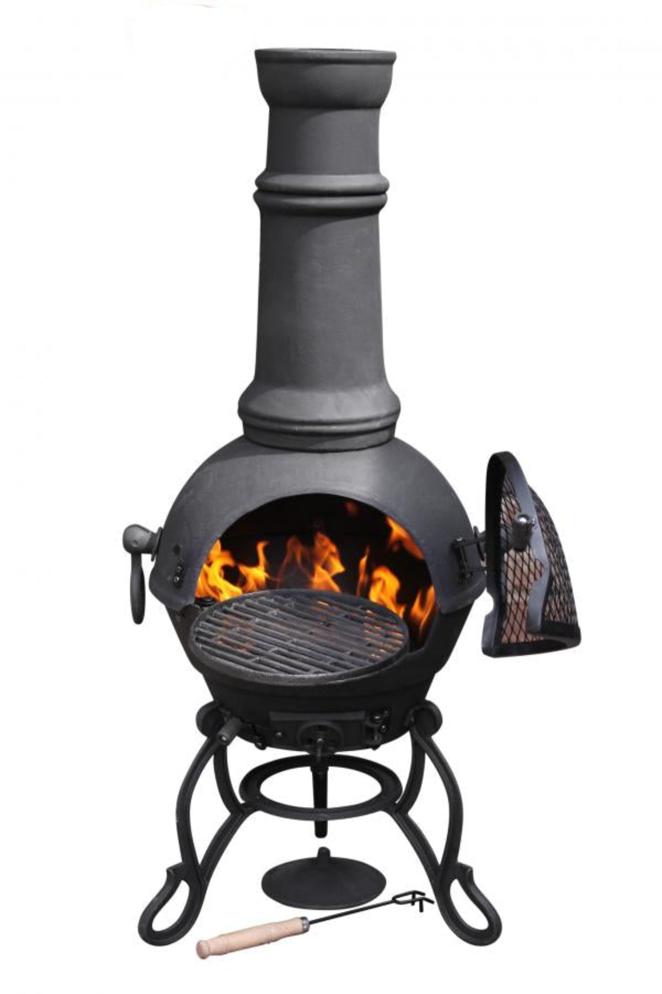 Black cast iron chiminea with flames inside on a white background.