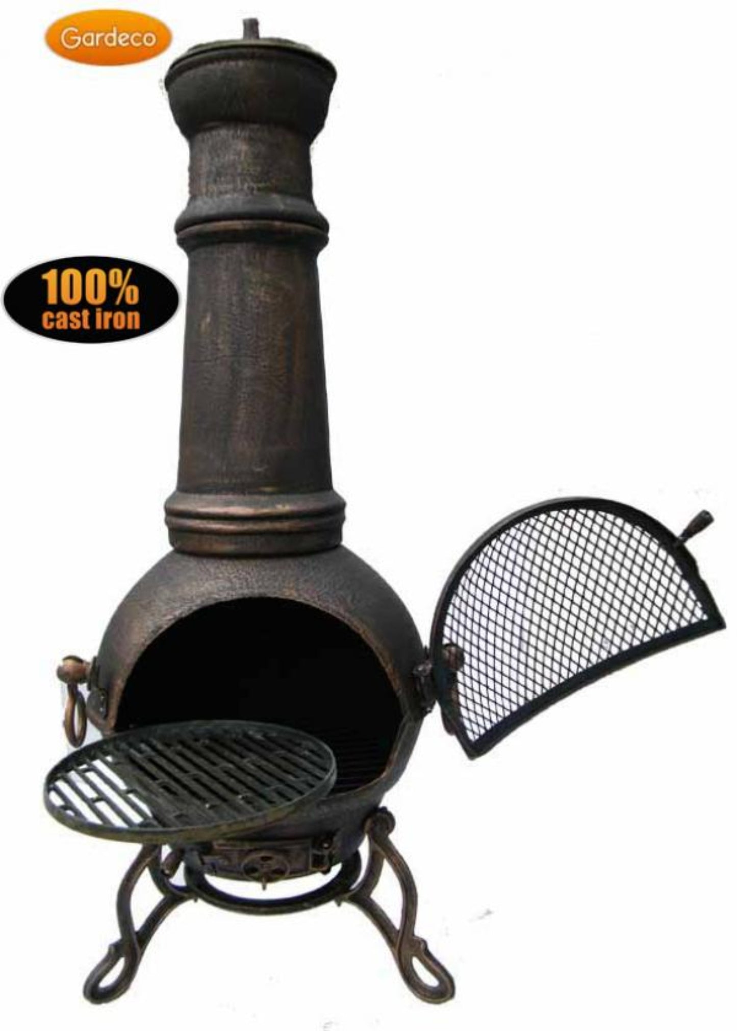 Cast iron chiminea with open lid on a white background, featuring Gardeco branding.